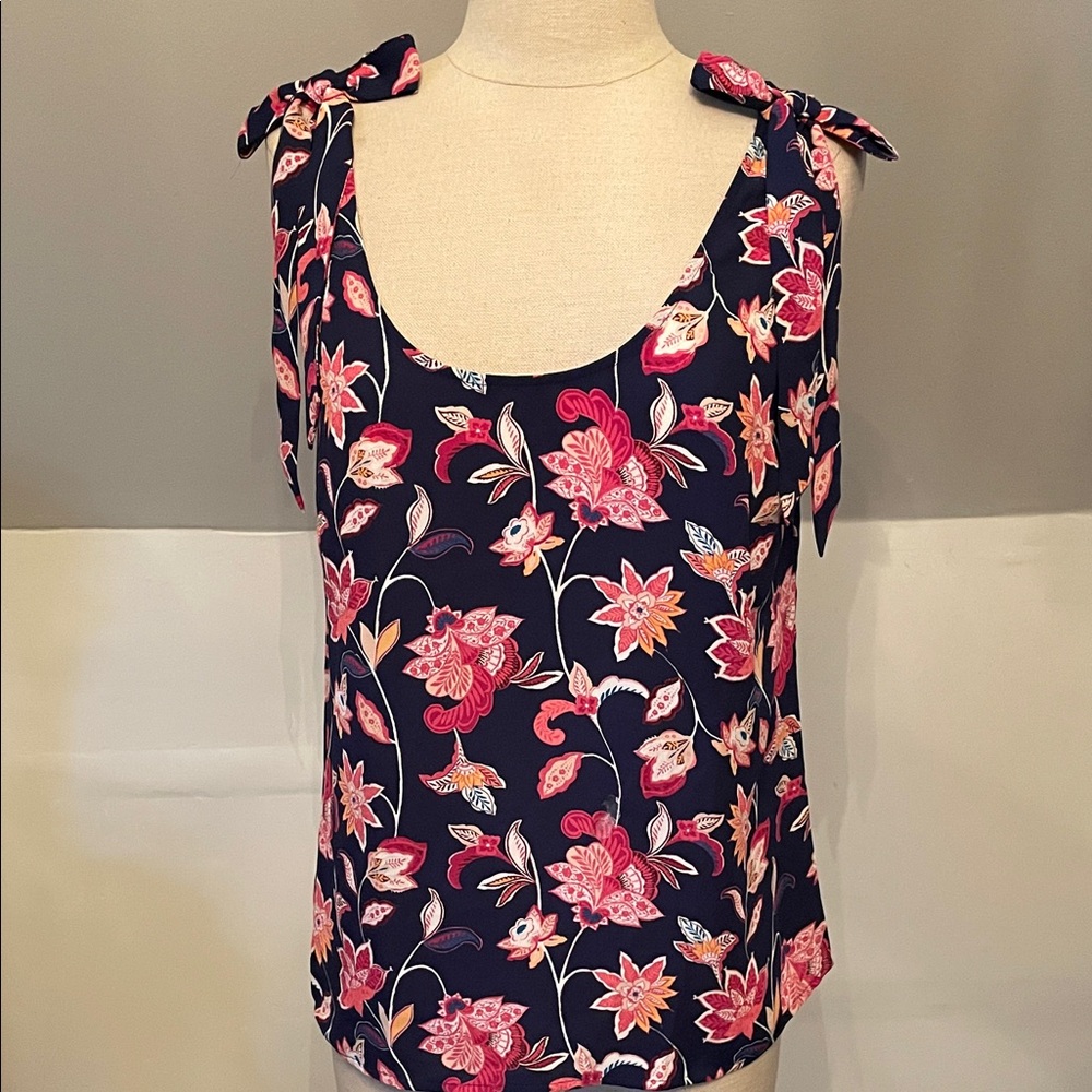 LOFT Navy Floral Tank Top with Tie Shoulders